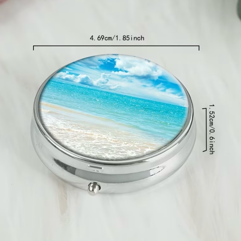 Silver tone Beach Scene Pill Box #322 - Picture 2 of 3
